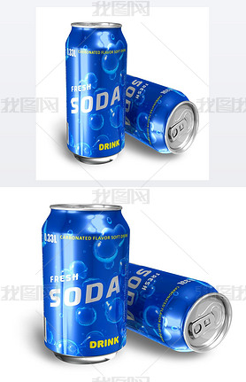 Refreshing soda drinks in metal cans