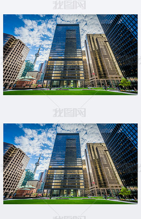 Park and modern buildings in downtown Toronto, Ontario.