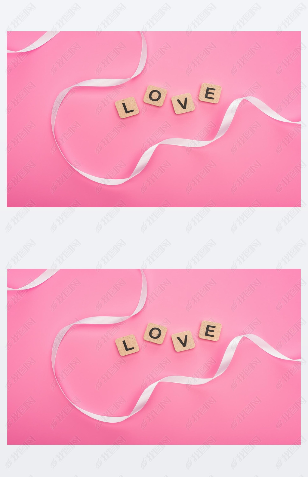 top view of curved ribbon and wooden blocks with love lettering isolated on pink