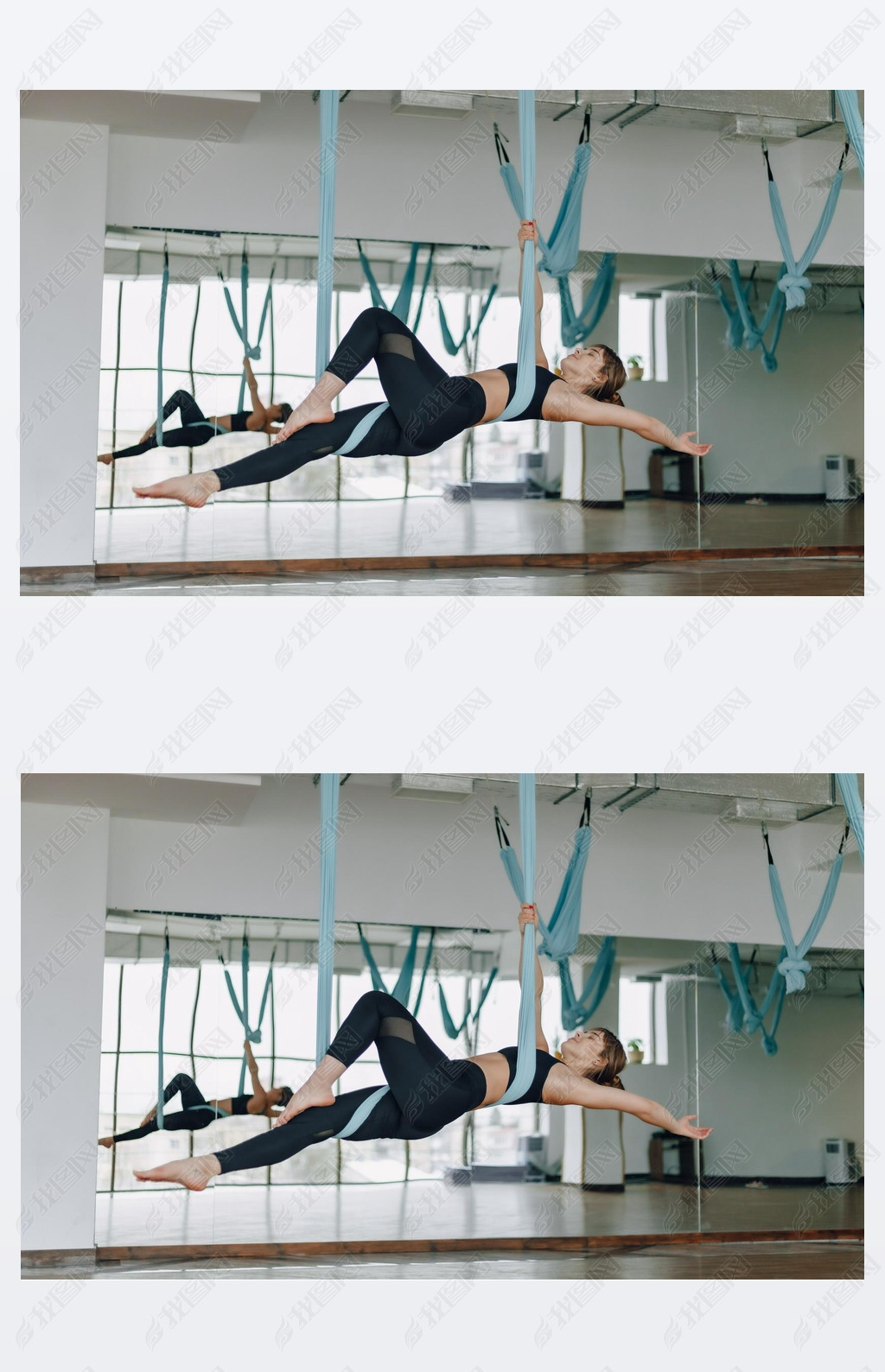 girl in the gym during yoga and fly yoga, posing and looking good