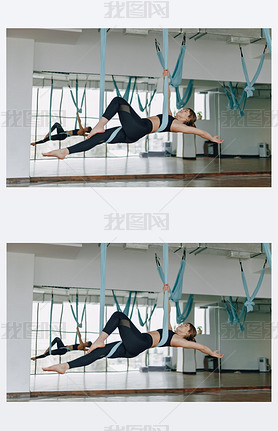 girl in the gym during yoga and fly yoga, posing and looking good