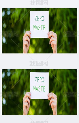 Horizontal crop of man holding card with zero waste lettering outdoors, ecology concept