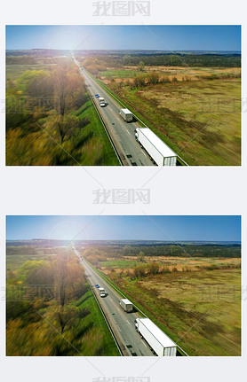 Transport logistics background with trucks on a highway between fields