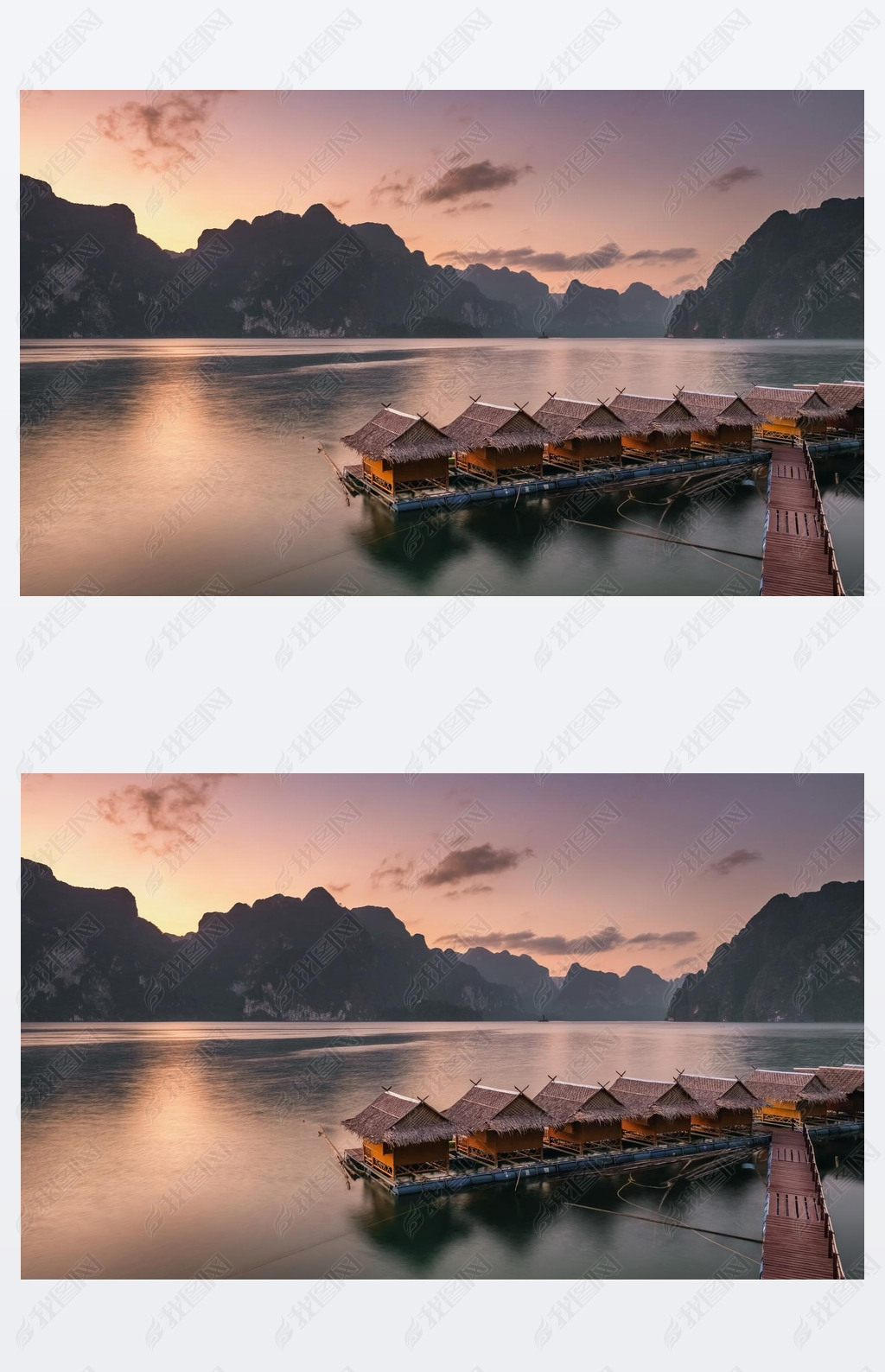 Beautiful sunset over the raft houses on Cheow Lan lake, Thailand. 