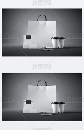 Set of white craft shopping bag, two coffee cups, business cards and generic design artphone. Dark