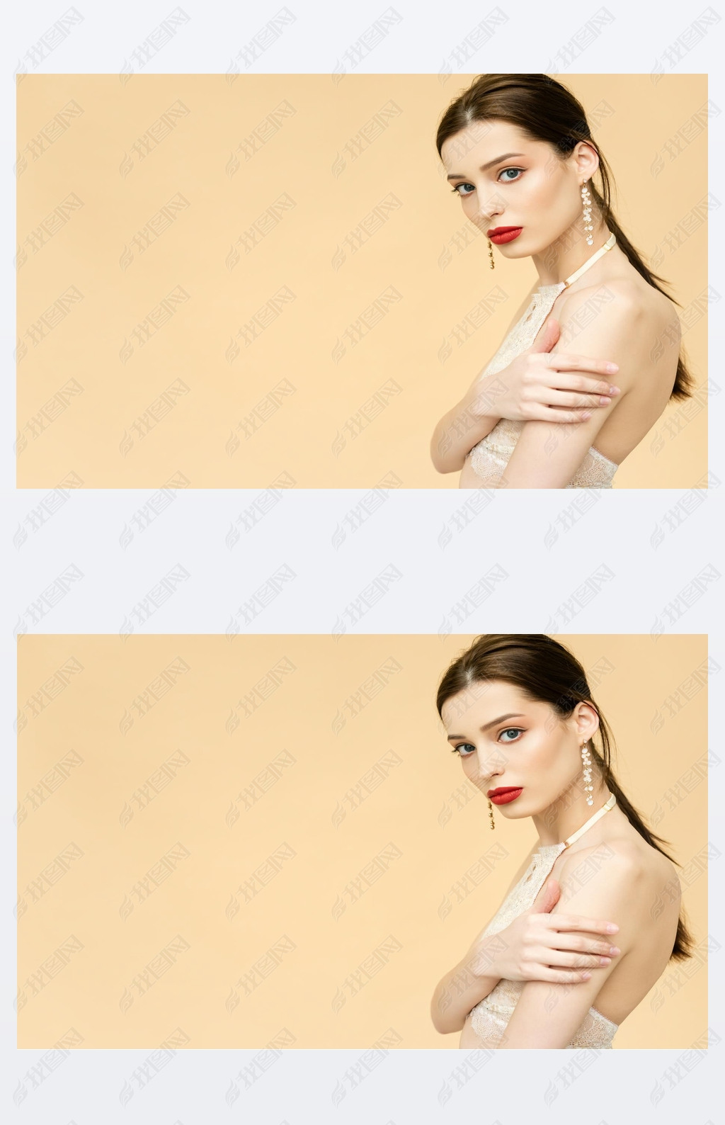 attractive young woman looking at camera isolated on beige with copy space