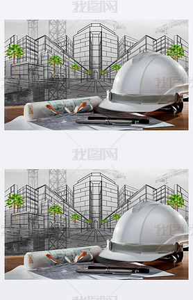 safety helmet and architect pland on wood table with sunset scen