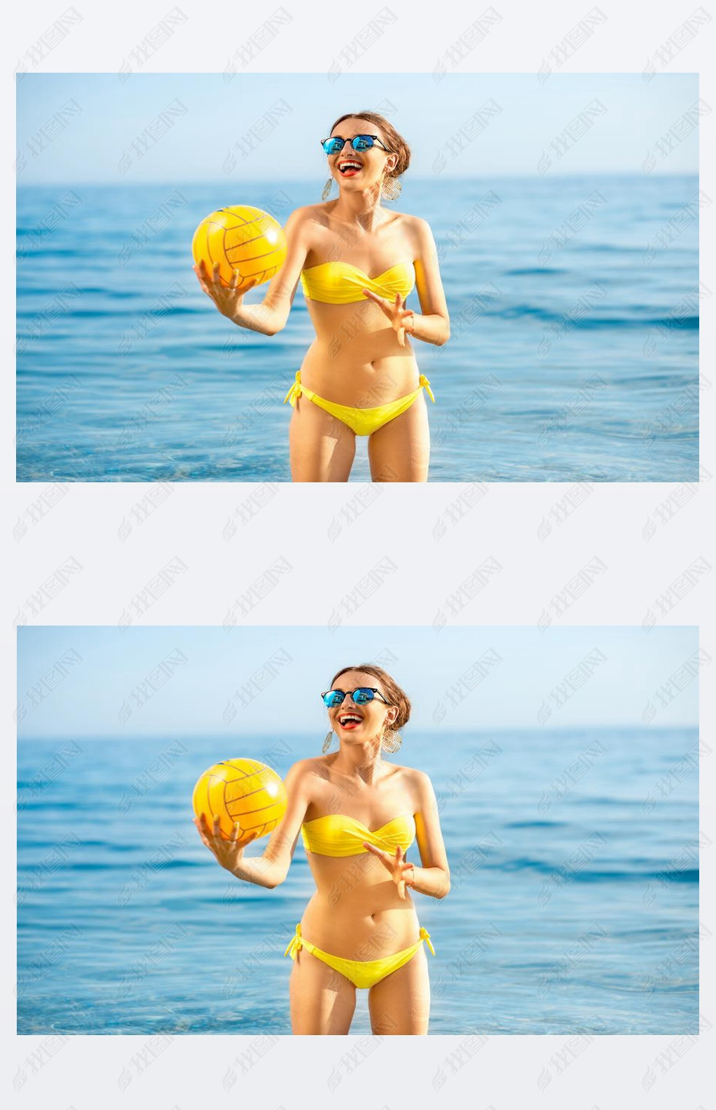 Woman with yellow ball in the sea