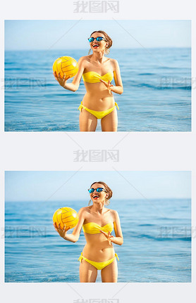 Woman with yellow ball in the sea