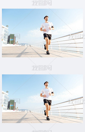 Concentrated young sportan running on pier in the morning