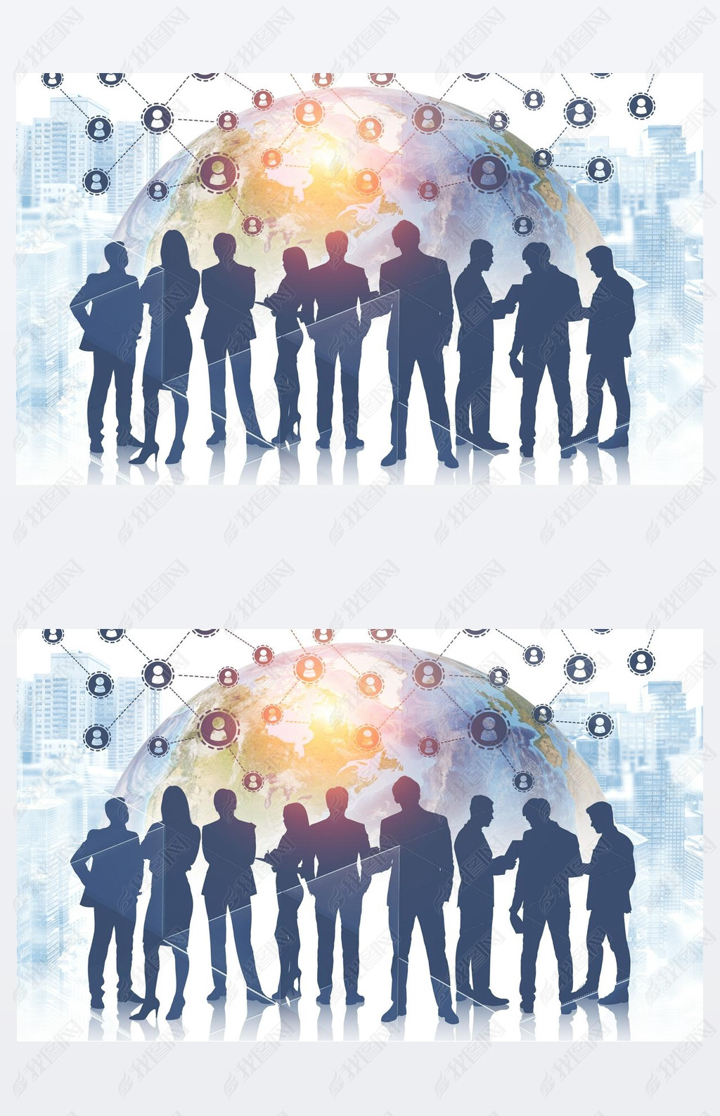 商务人士的剪影在城市风景背景以地球和社会网络剪影的双重曝光色调的