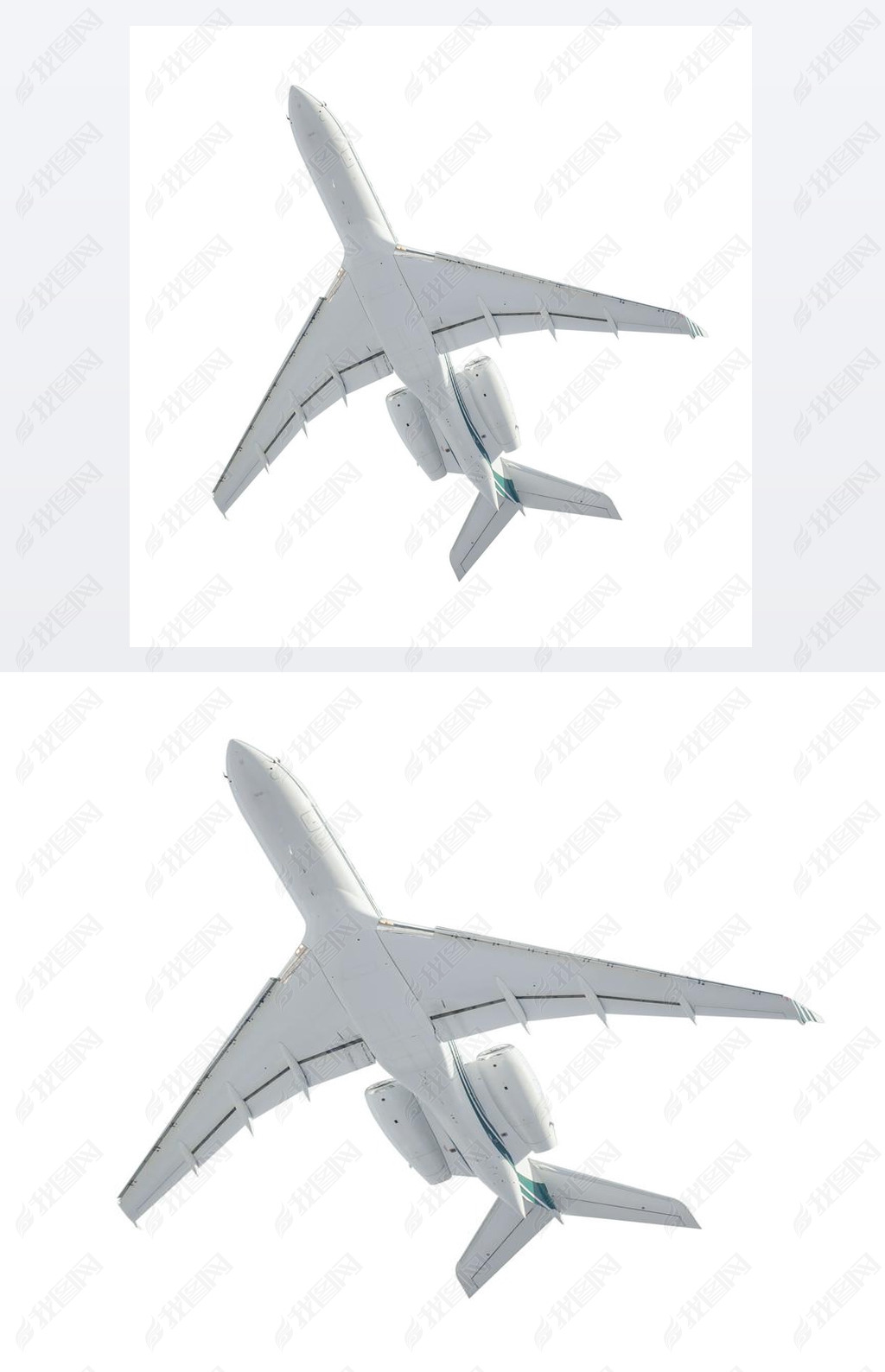 原创起飞现代商务喷气式飞机与收回的起落架隔离在一个白色的背景底部