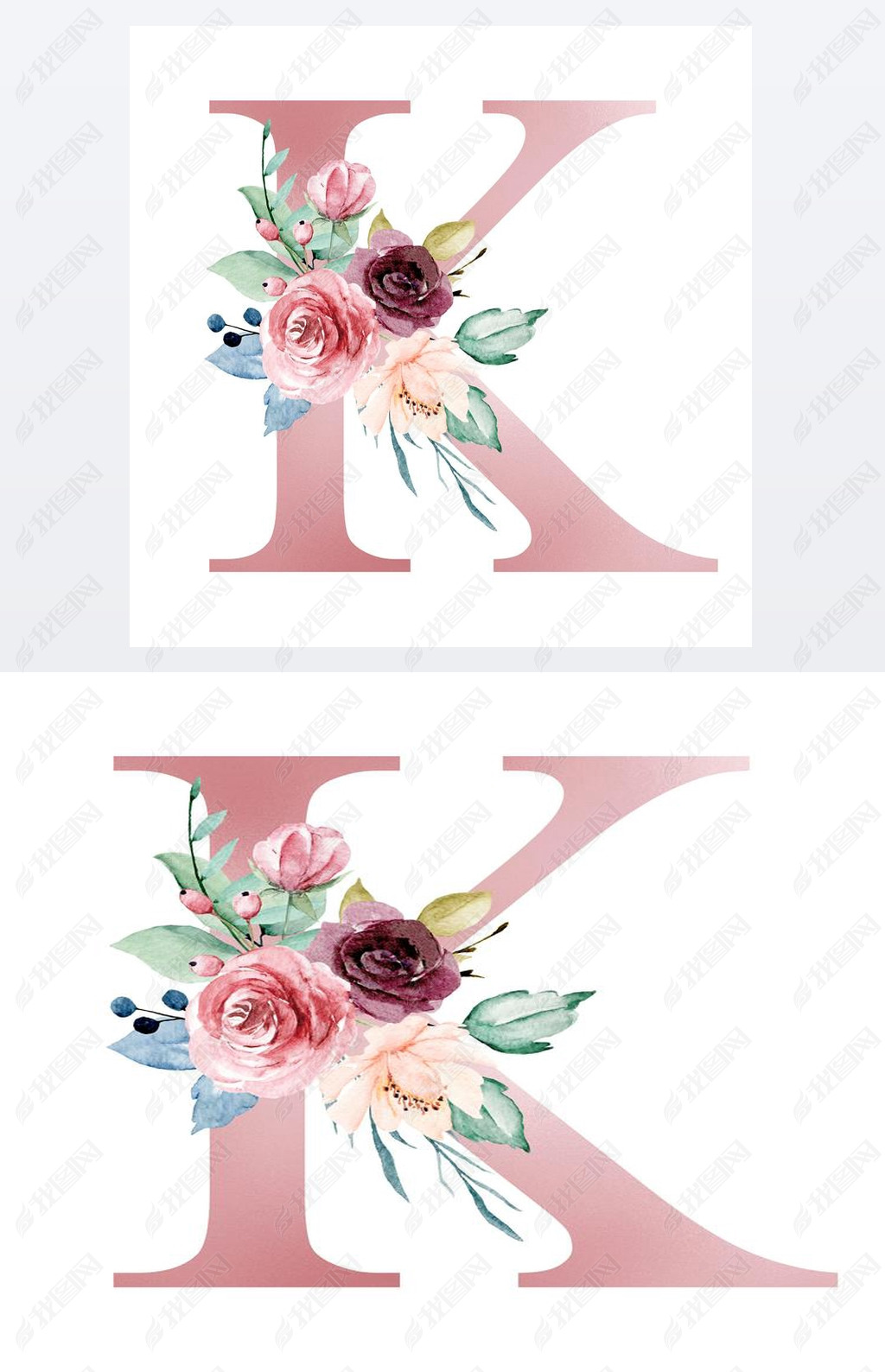 floral monogram, letter K watercolor painting with flowers and lees