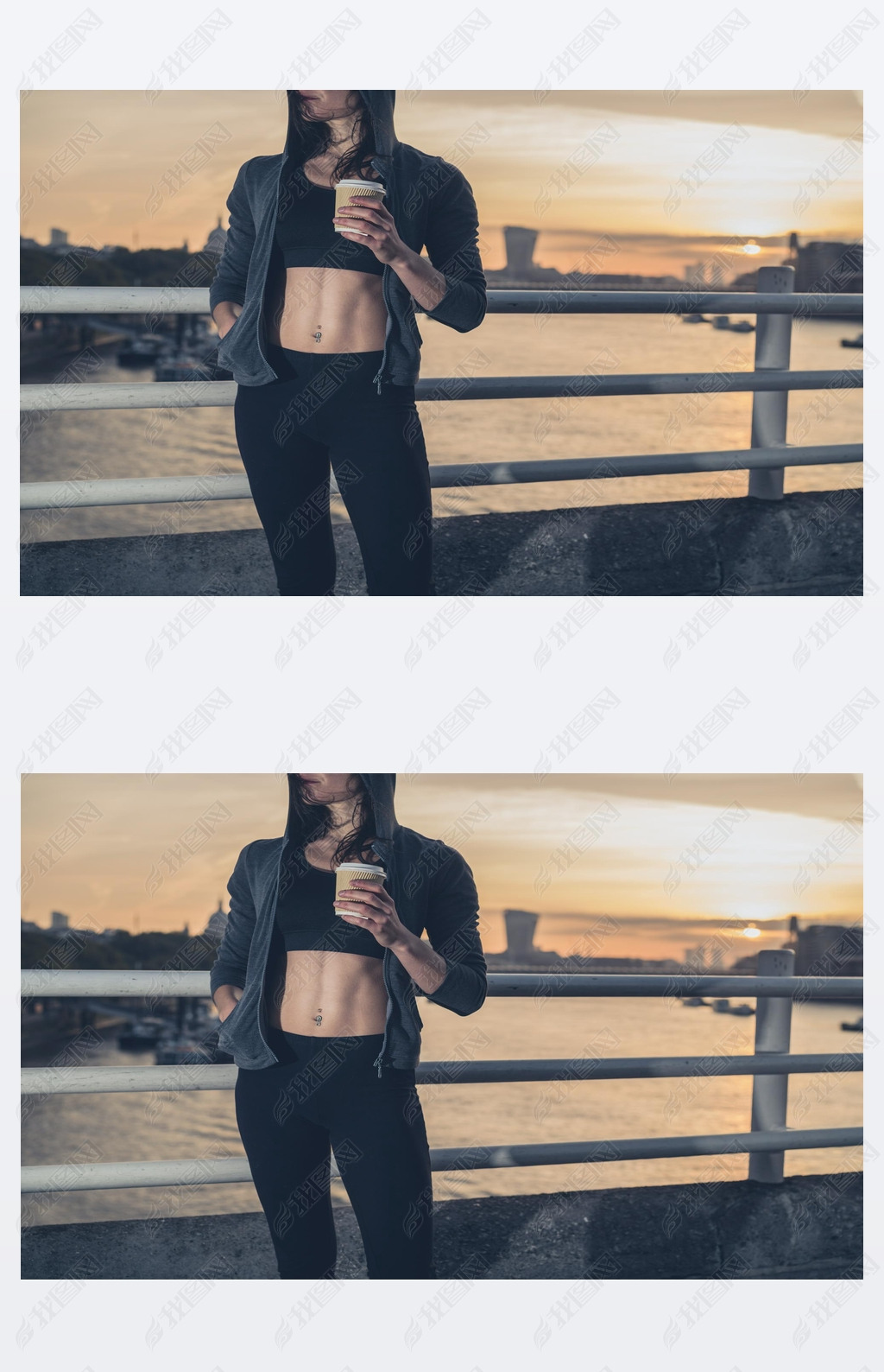 Athletic young woman with cup in London at sunrise