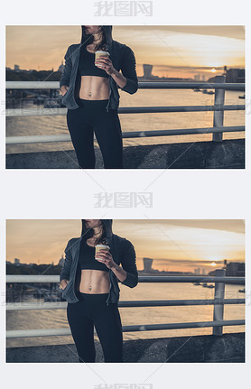 Athletic young woman with cup in London at sunrise