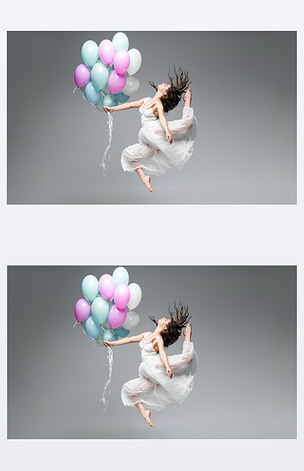 优雅芭蕾舞表演的全景镜头与灰色背景的节日气球