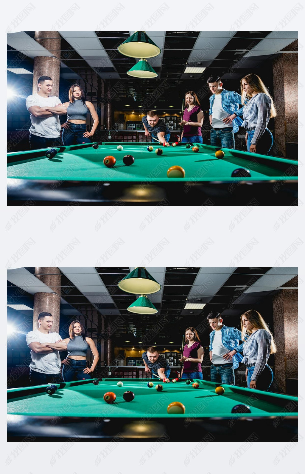 Group of young cheerful friends playing billiards. Funny time after work