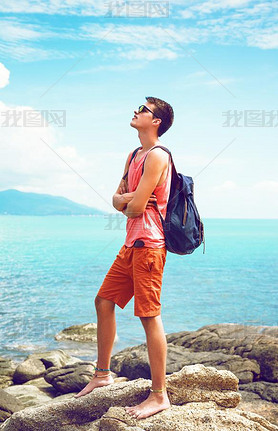 hipster man at beautiful exotic island