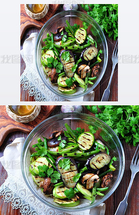 Grilled vegetables - zucchini, eggplant, green beans, onion, mushrooms, garlic and coriander, olive 