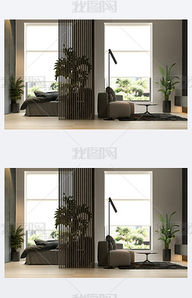 Black minimalist Interior of modern living room 3D rendering