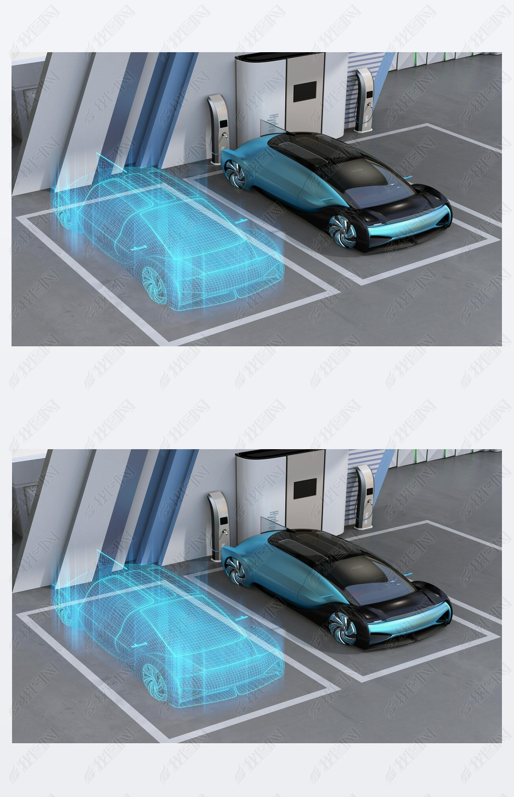 燃料电池氢气站燃料电池自动机汽车的线框渲染数字双胞胎的概念3d渲染