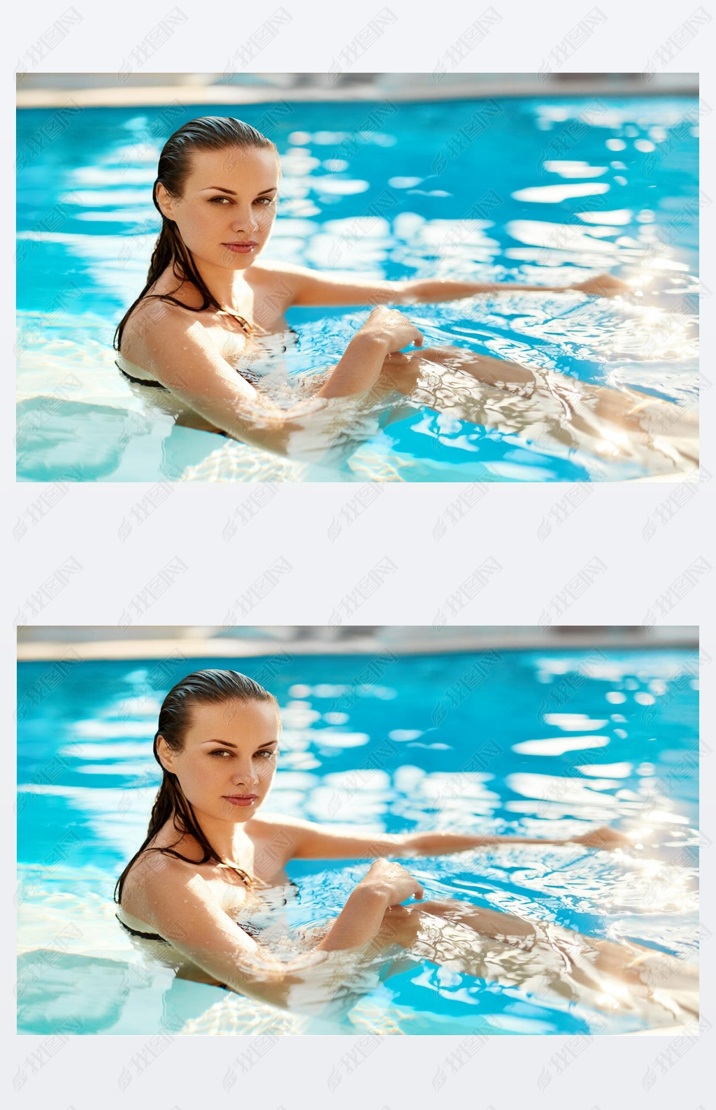 Body Care. Freshness. Woman Relaxing In Pool. Beauty, Healthy Li