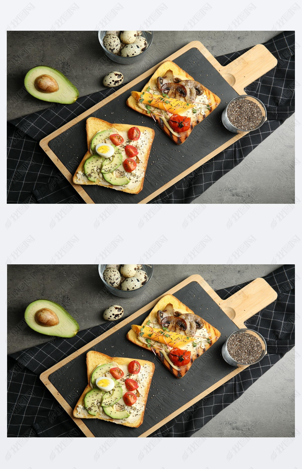 Different toasts with ocado, mushrooms, cherry tomatoes and chia seeds served on grey table, top v