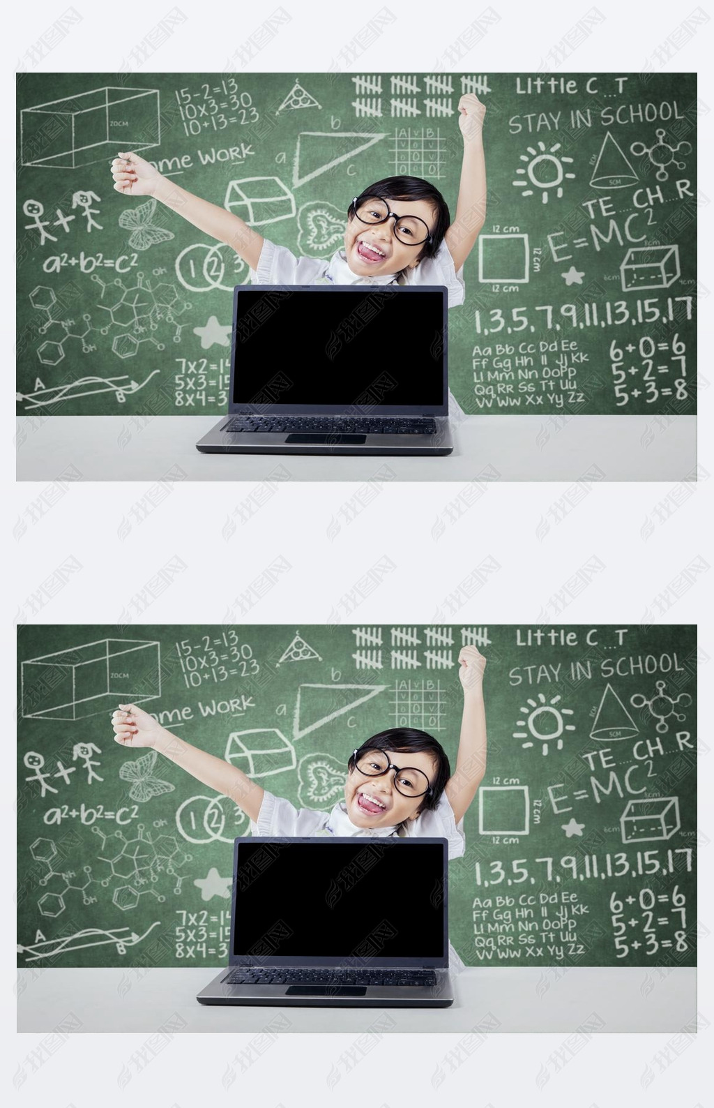 Kid celebrate her achievement with laptop in class