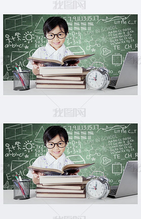 Kid reading books with clock on the table