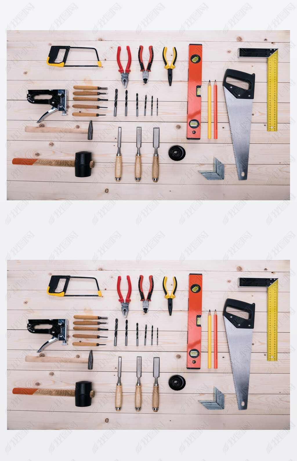 Top view of set of construction tools on wooden table