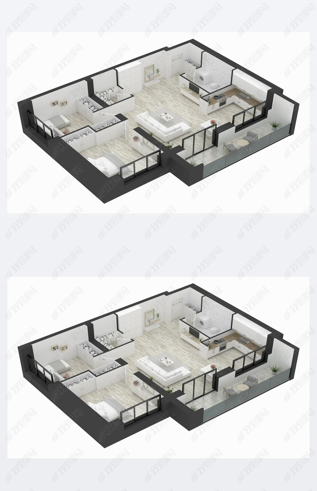 Floor plan of a home top view 3D illustration. Open concept living apartment layout