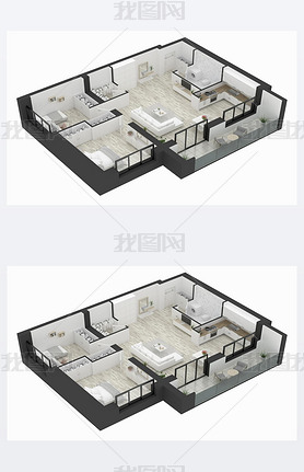 Floor plan of a home top view 3D illustration. Open concept living apartment layout