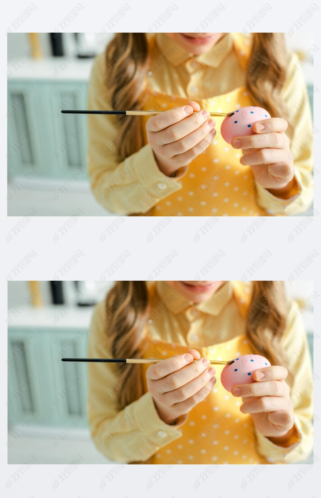 cropped view of kid painting easter egg with paintbrush at home