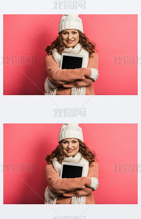 iling girl in warm hat and scarf holding digital tablet on pink background