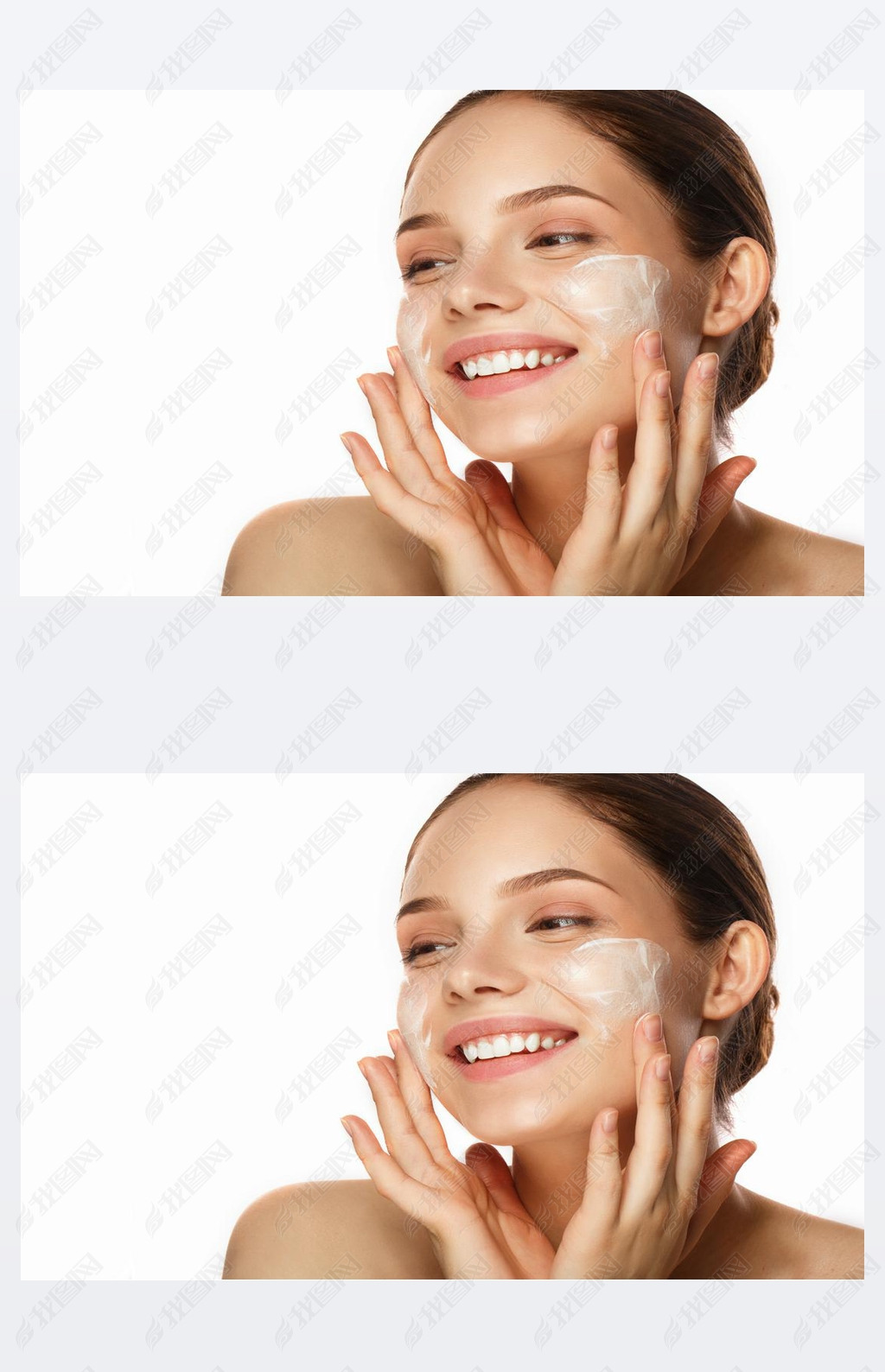Young woman with moisturizing facial mask on white background. 