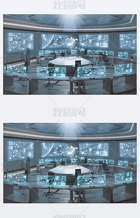 Modern, futuristic command center interior  with people silhouettes