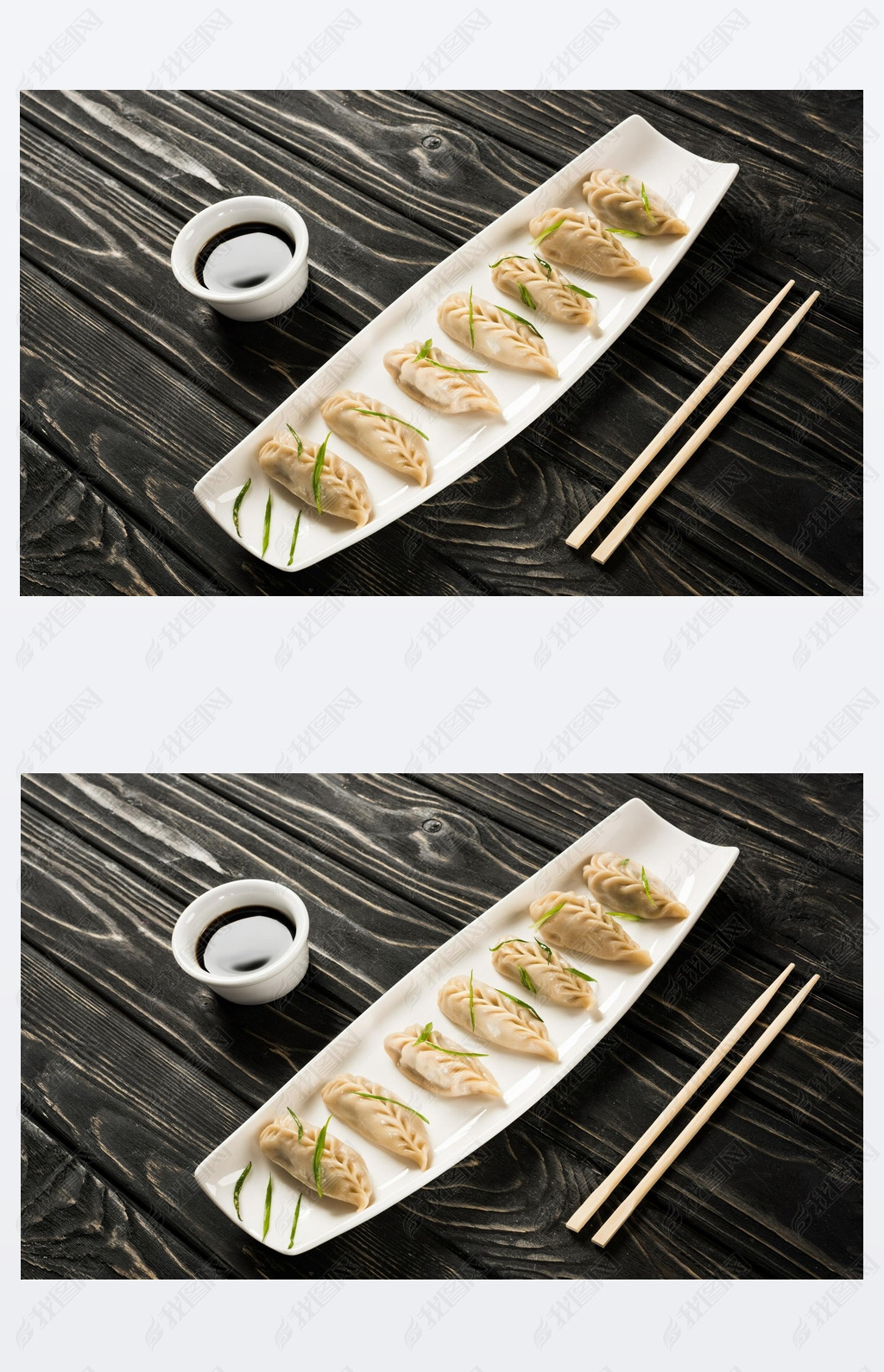 delicious Chinese boiled dumplings on plate near chopsticks and soy sauce on black wooden table