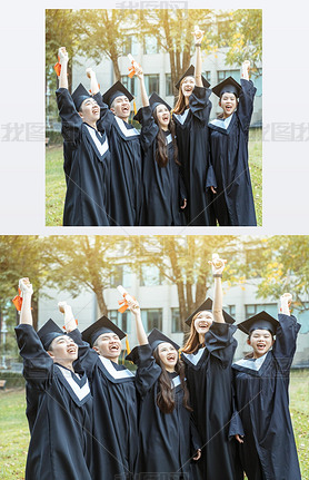happy  students in graduation gowns holding diplomas on university campus