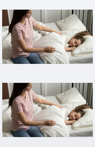 原创年轻的妈妈爱抚着小女儿让她睡着了版权可商用