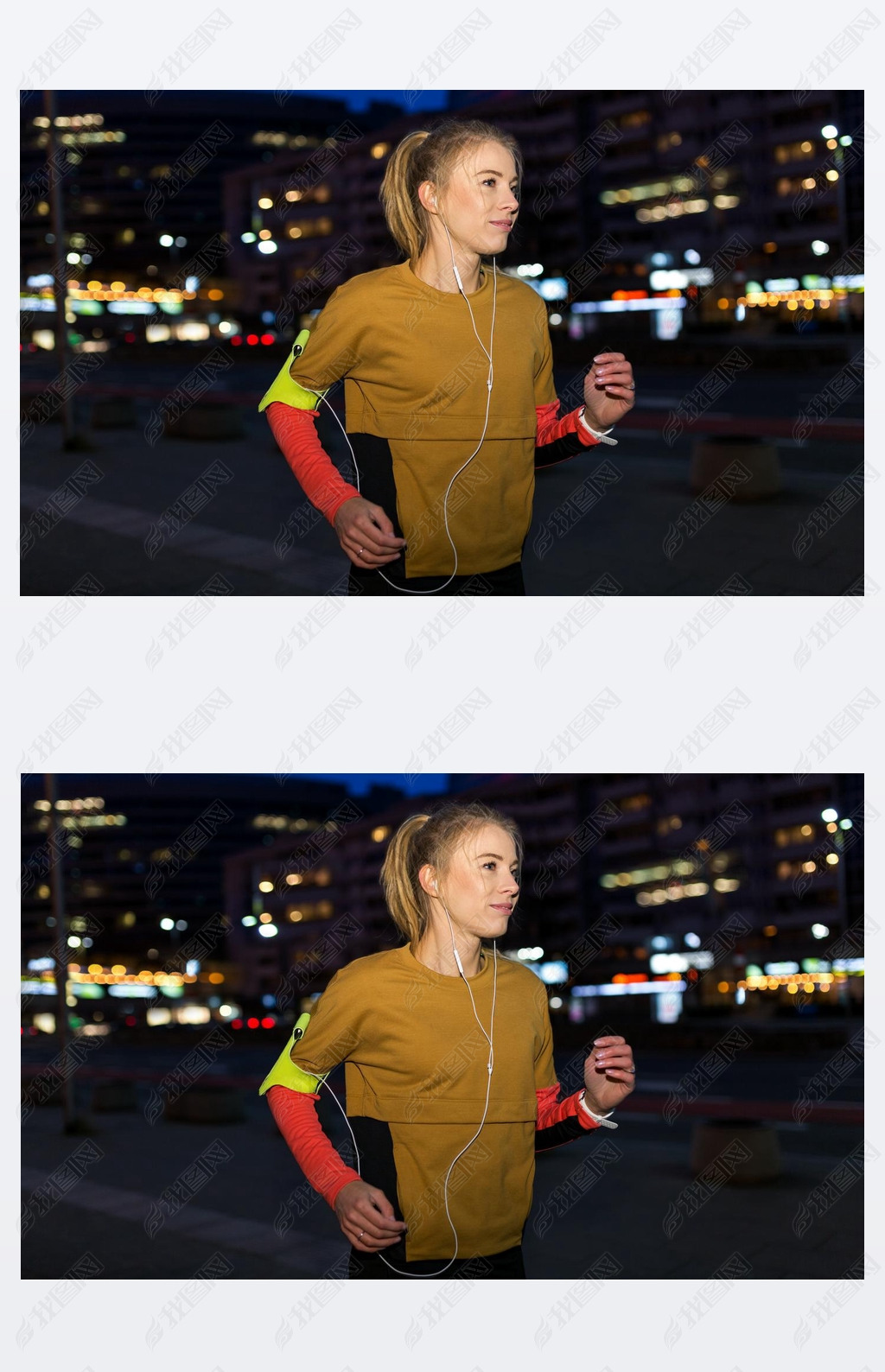 原创晚上城市中的女跑步者版权可商用