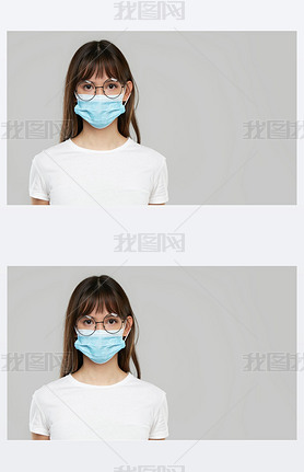 Asian woman feeling unwell and wearing face protective mask on grey studio background. Copy space fo