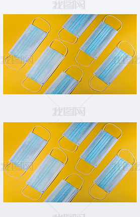 Surgical face masks on yellow background. Medical mask for Covid-19 protection to prevent coroniru
