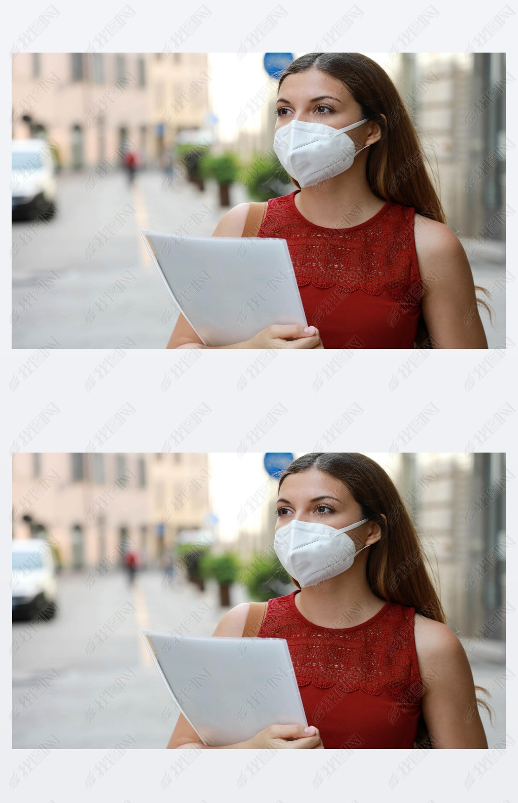 COVID-19 Global Economic Crisis Unemployed Worried Girl with KN95 FFP2 Mask looking for Job walking 