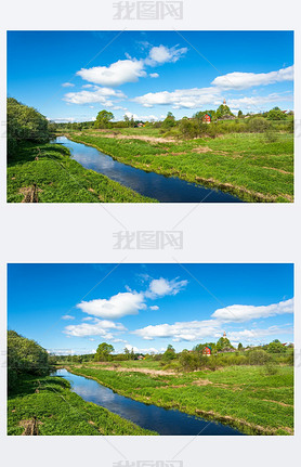 Panorama of the village of Mikhailovskoye in a Sunny spring day.