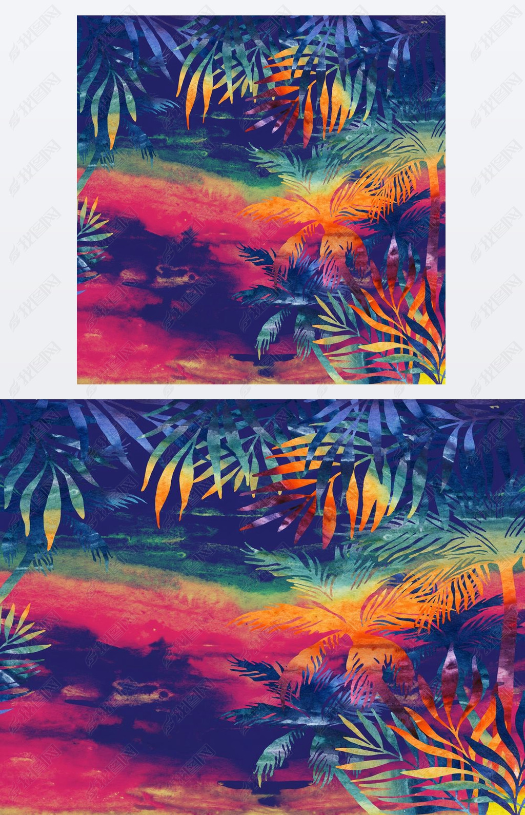 watercolor palm trees at sunset