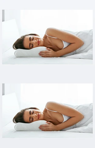 女人睡在白色矫形枕头上, 搁在舒适的床垫上。高分辨率.
