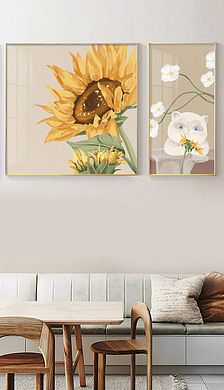 向日葵北欧餐厅小清新时尚组合猫咪客厅装饰画