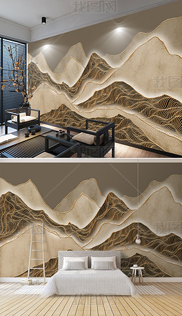 新中式艺术复古意境抽象金线水墨山水背景墙壁画