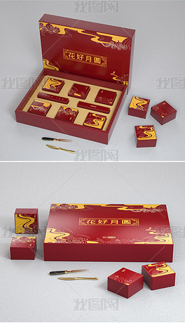 全套高端红金色国风中秋节月饼礼盒包装设计