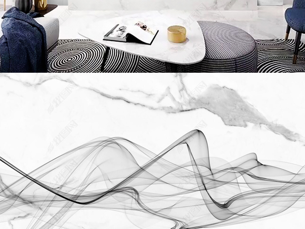 大理石纹爵士白中式水墨山水画石材岩板背景墙